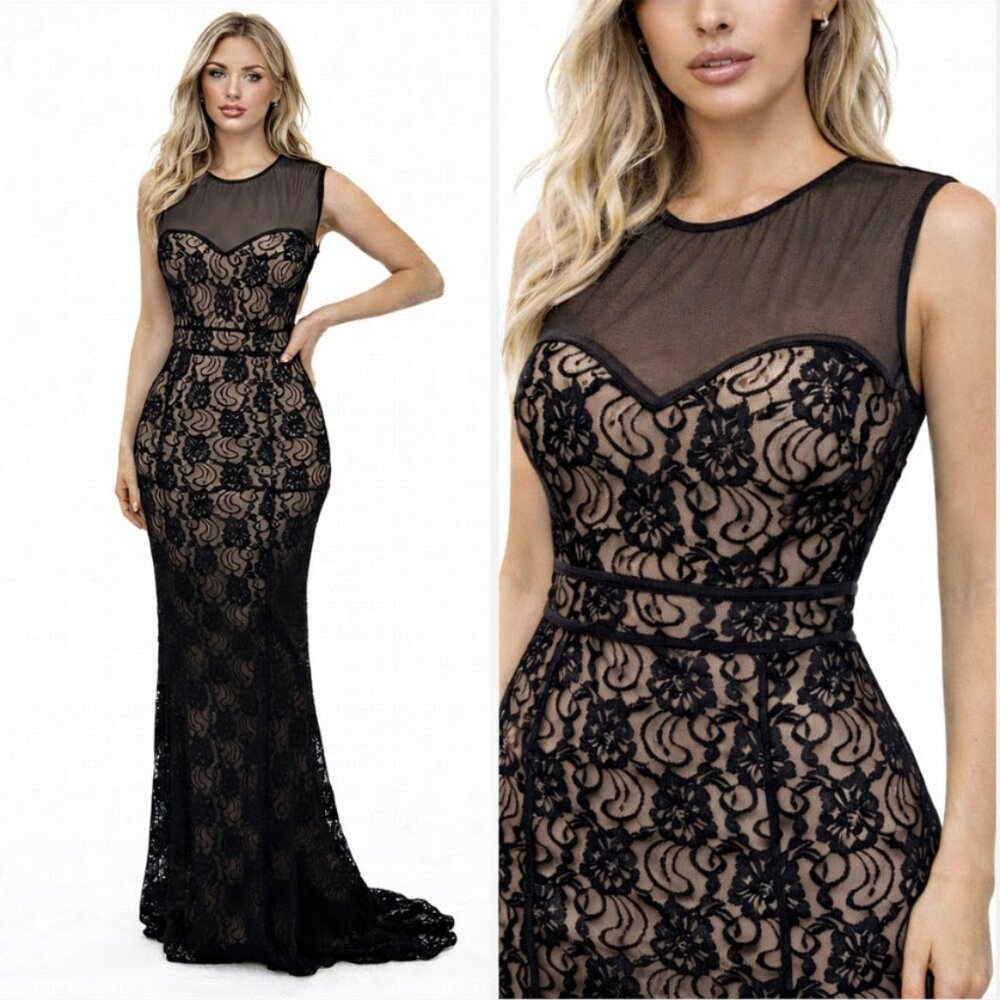 Gala Sheer Lace Maxi Gown Fitted Stretch Tan Black Size small by VaVa Voom